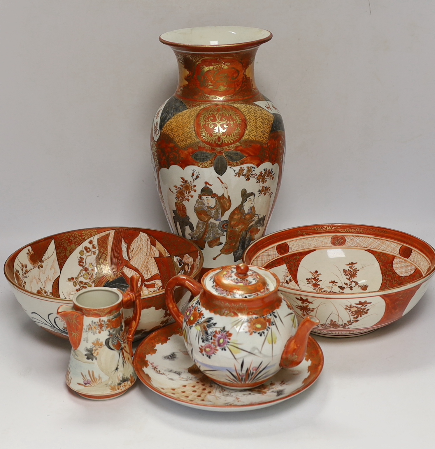 A group of Japanese Kutani porcelain wares including two bowls and a large vase, largest 34cm high